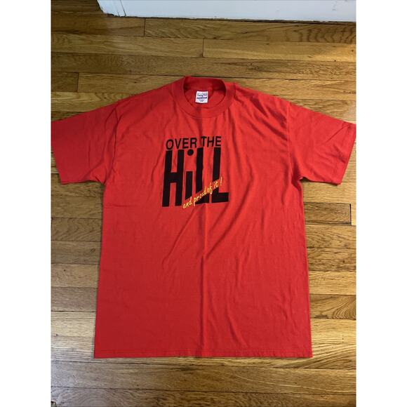 Vtg Over The Hill Proud Of It' Shirt XL Red-Single Stitch Sleeve-Spring Ford-USA - Picture 1 of 7
